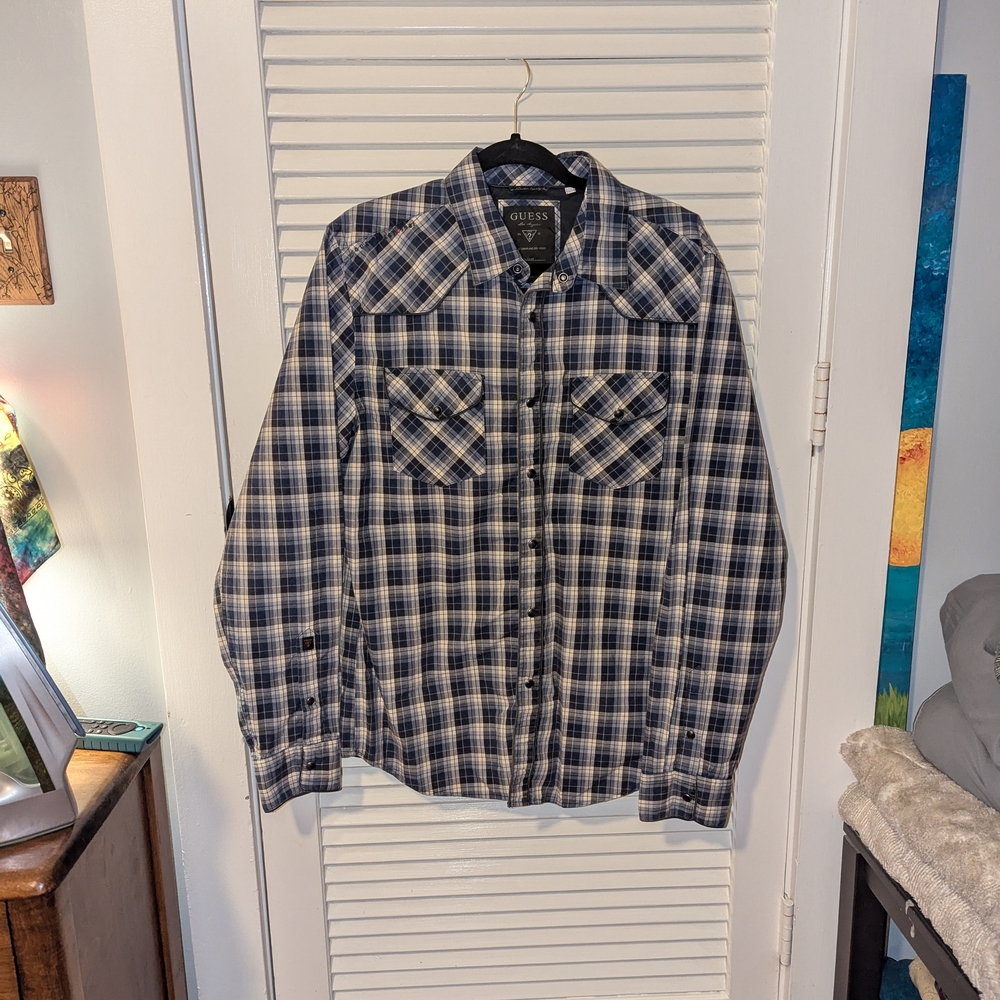 Guess Blue and White Plaid Casual Button Down Shirt